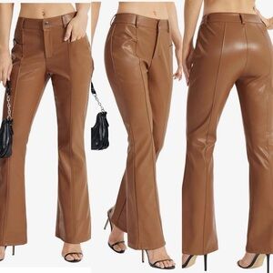Viligo Camel Brown Faux Leather Flare Pants XS High Waist Seam Detail Bootcut